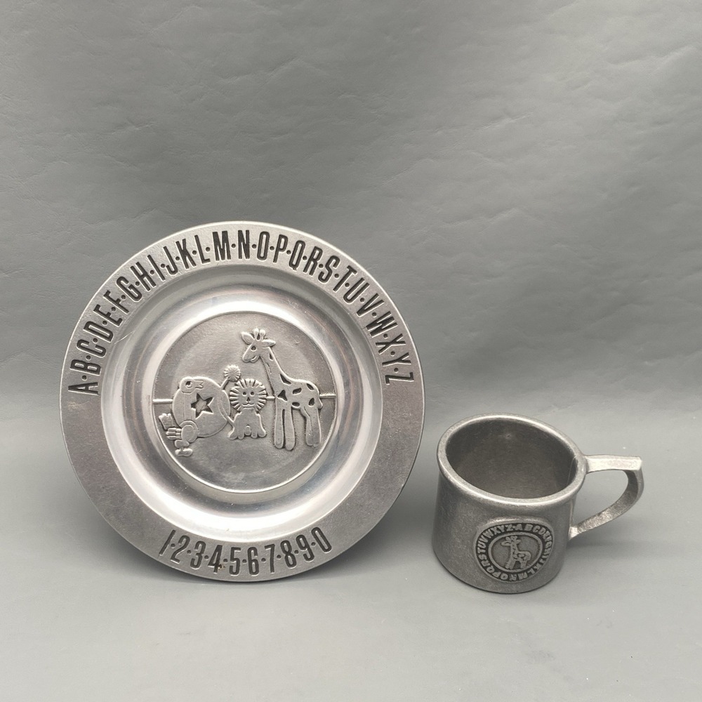 Vintage Pewtarex Child's ABC 123 Zoo Plate & Giraffe Pewter Mug Cup Set (D-2)